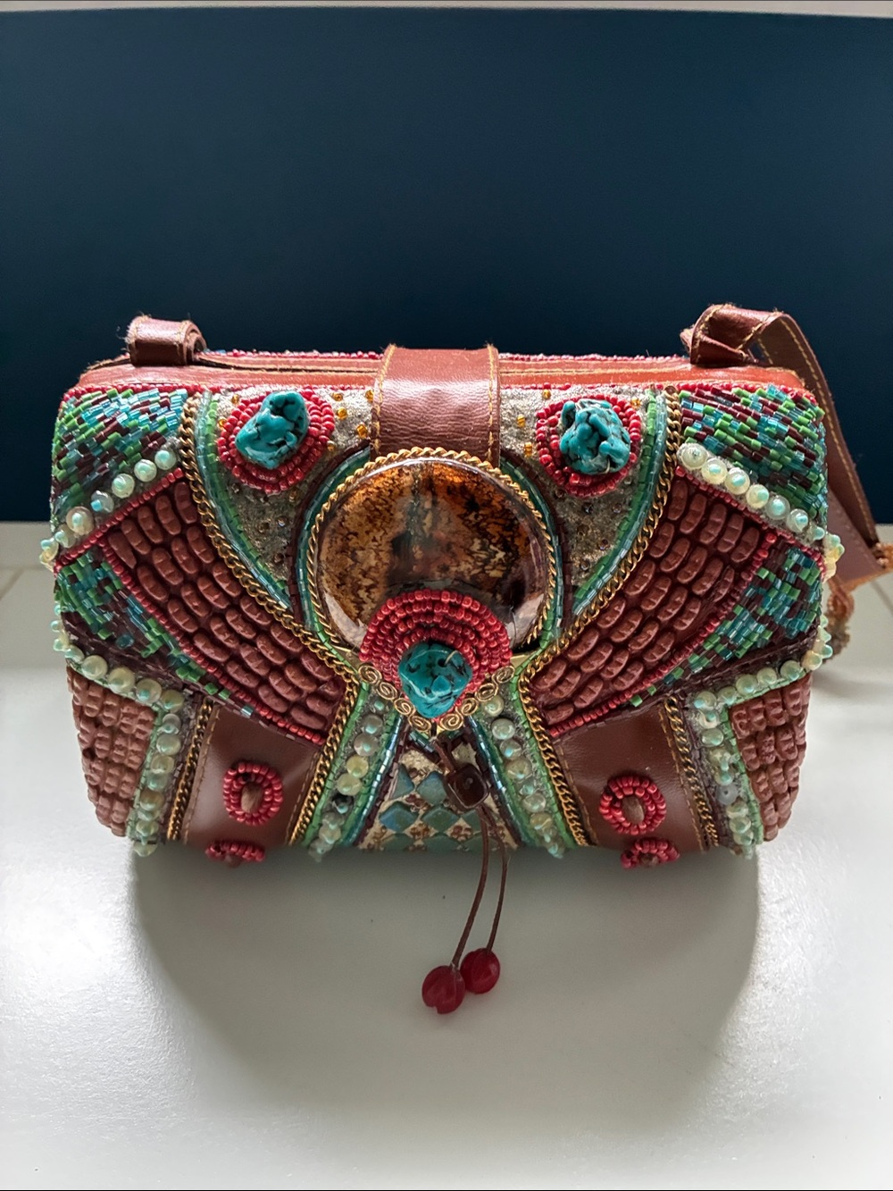 Rare Mary Frances Coral, Turquoise & Brown Beaded Embellished clutch purse - Picture 1 of 9